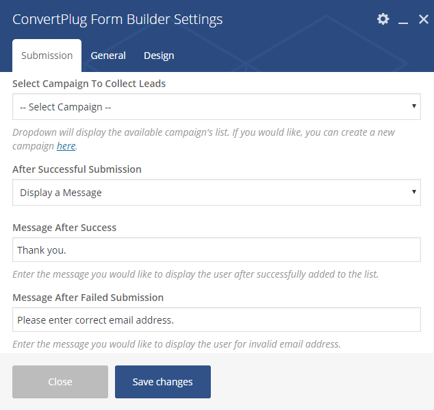 Submission settings for Form Builder