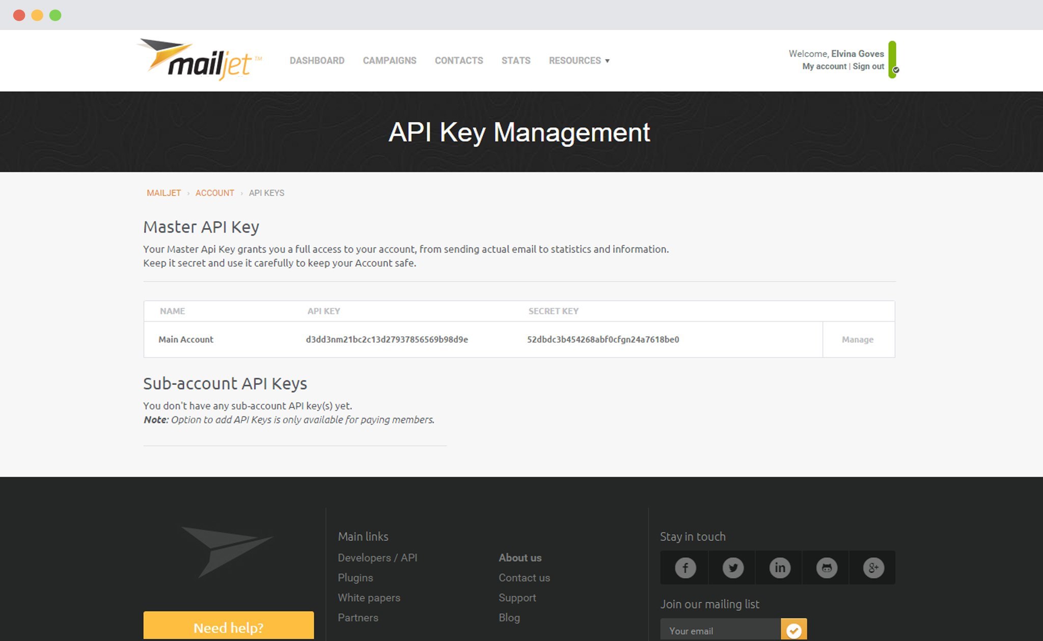 Mailjet API and Secret Key