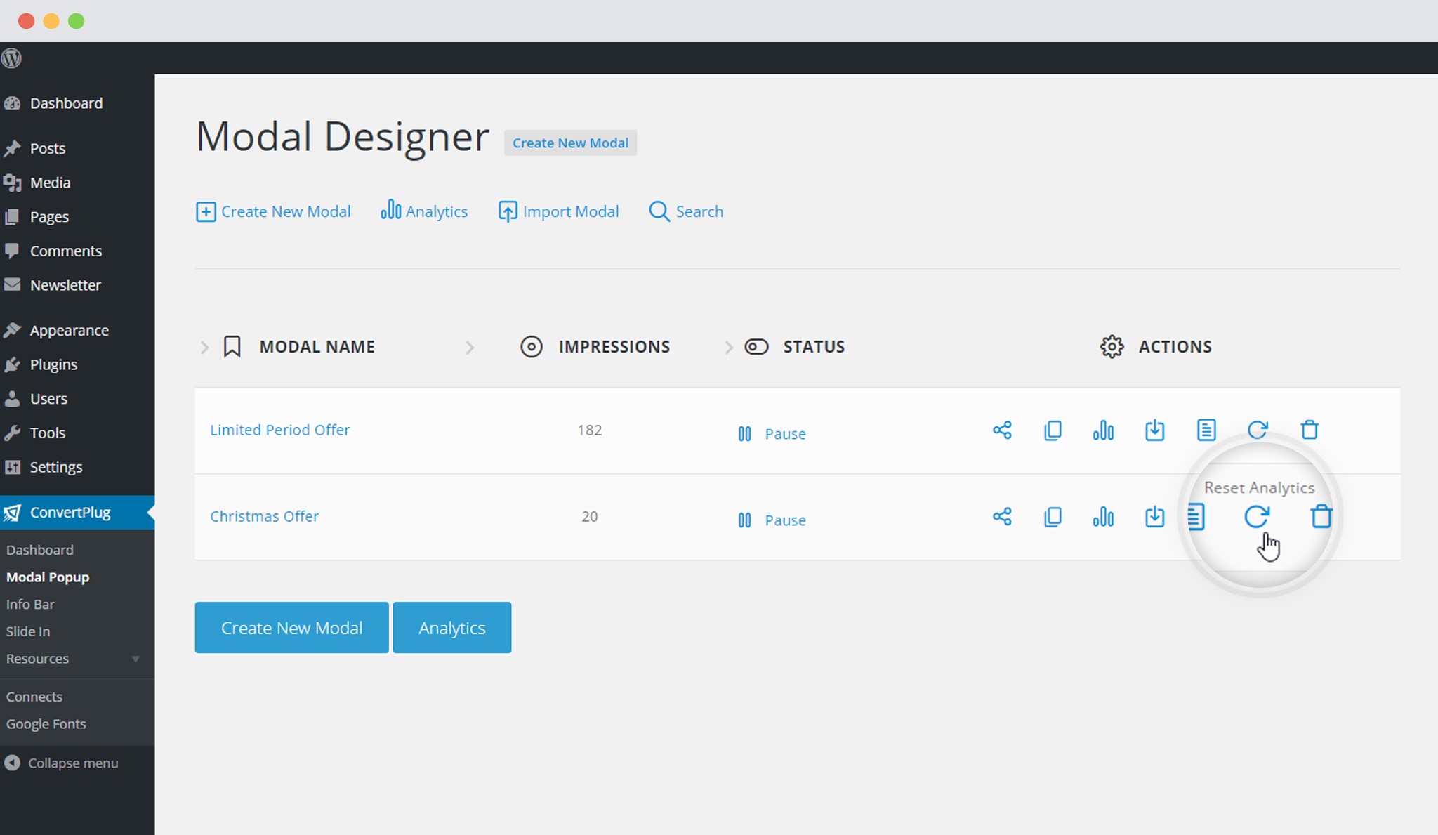 Reset Modal popup analytics in ConvertPlug