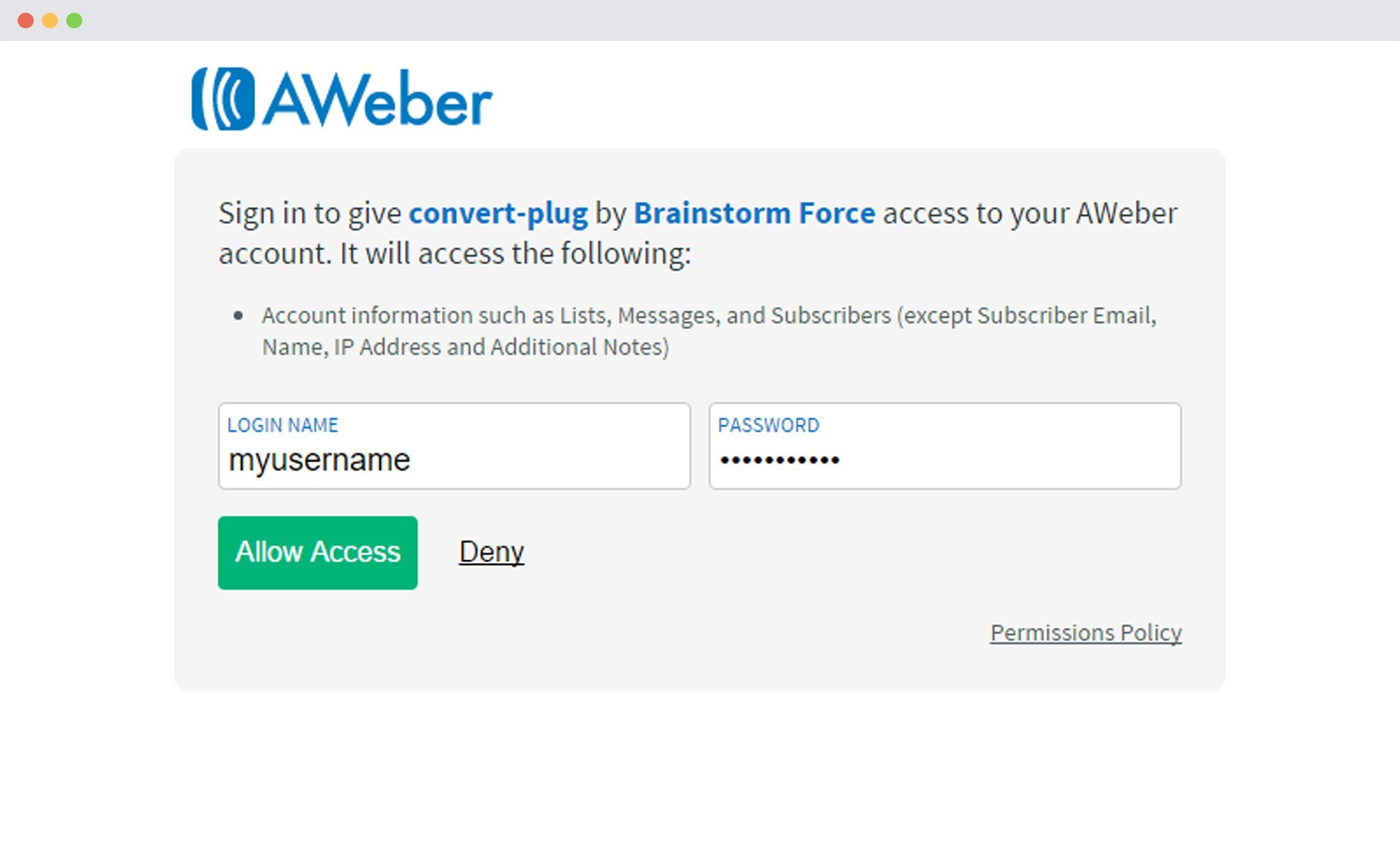 Username and password of aweber