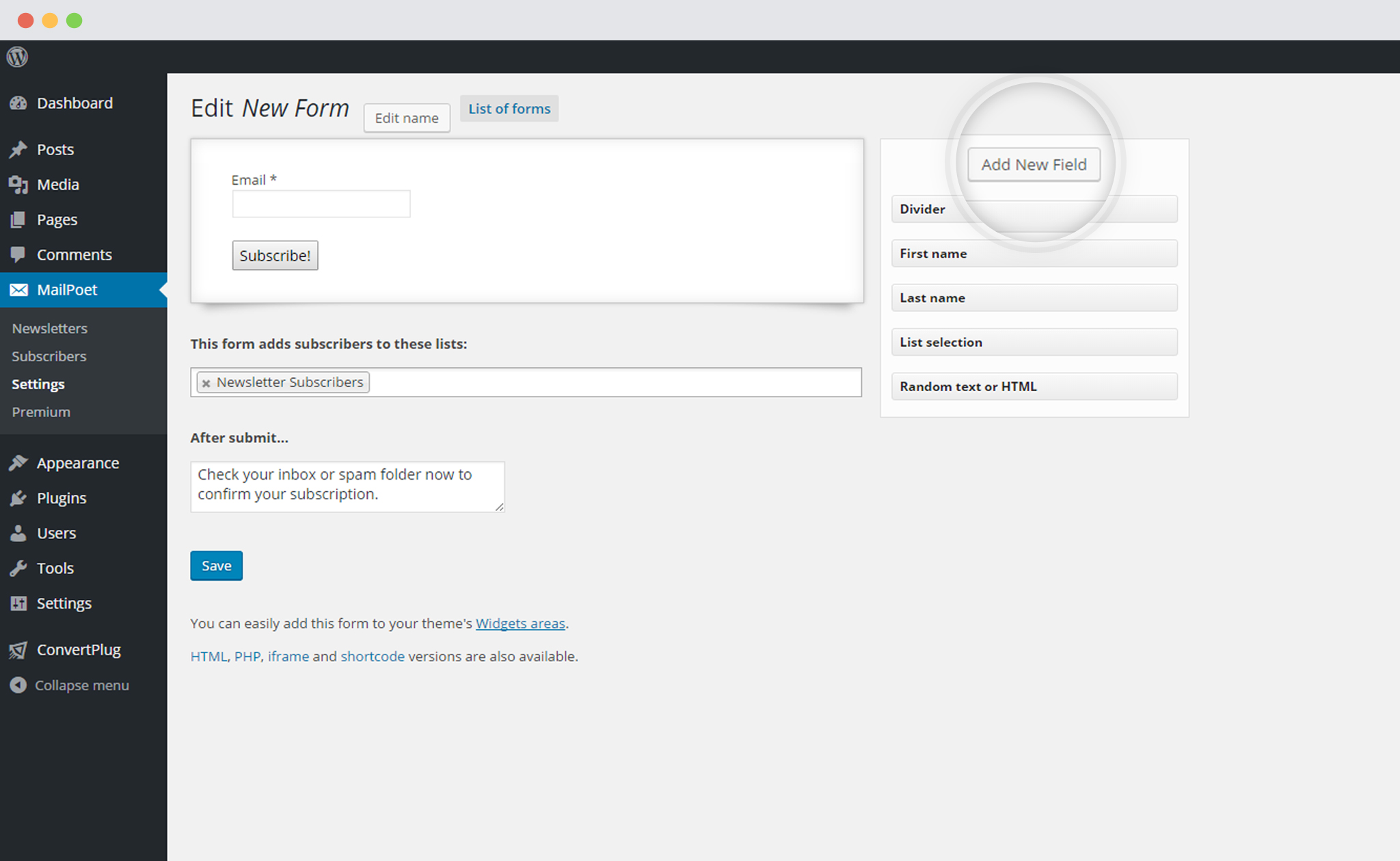 New Field to the form in MailPoet Newsletter plugin