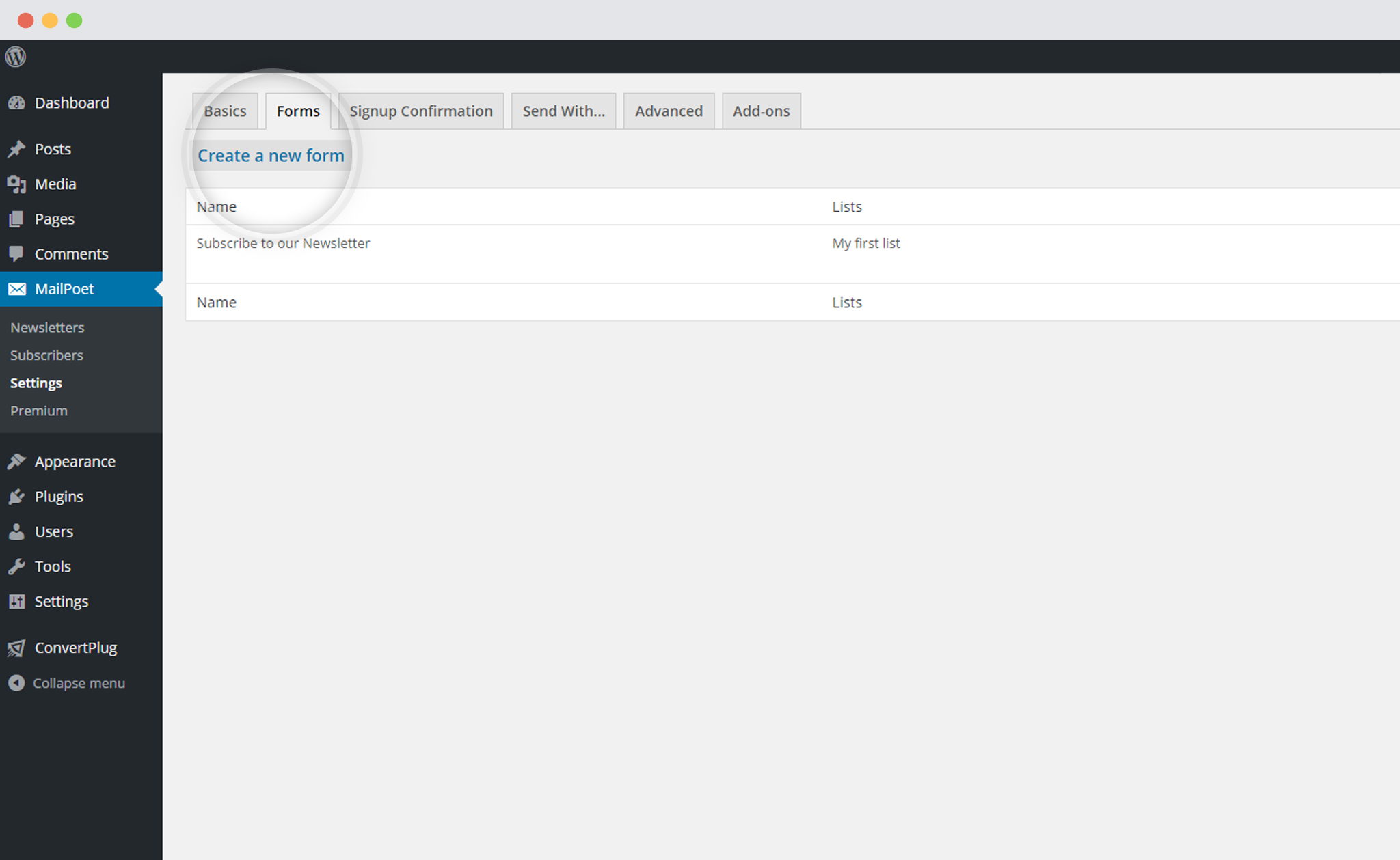 Create New Form in MailPoet Newsletter plugin