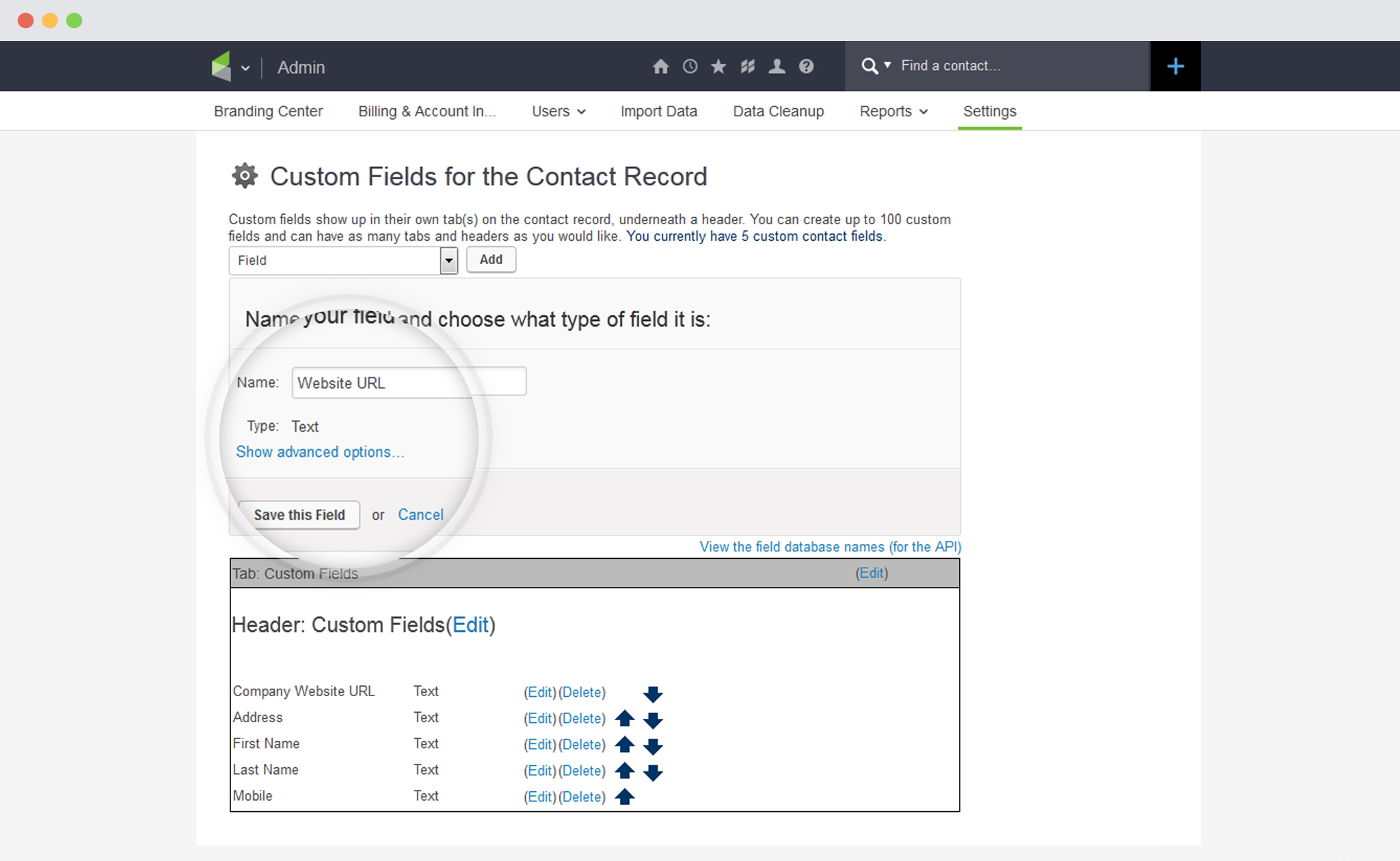 Enter a Field name in Infusionsoft