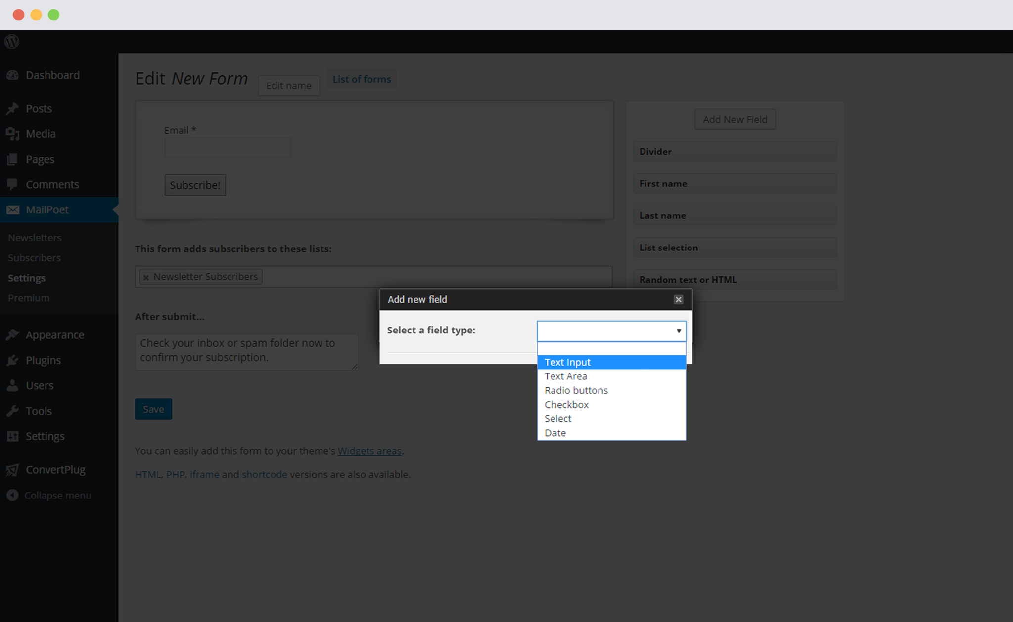 Select field type to add field in MailPoet Newsletter Plugin