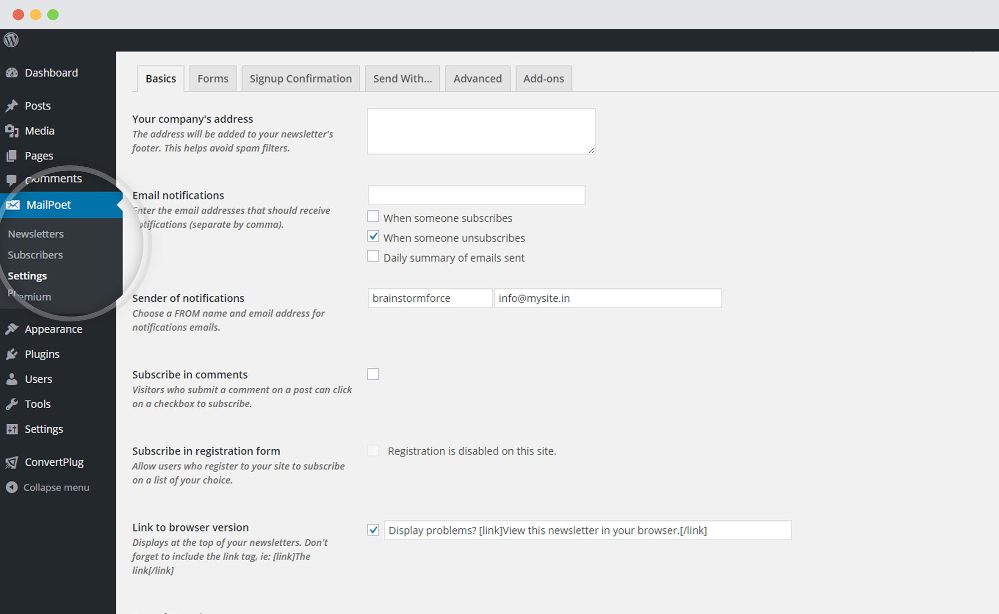 Settings page of MailPoet Newsletter Plugin