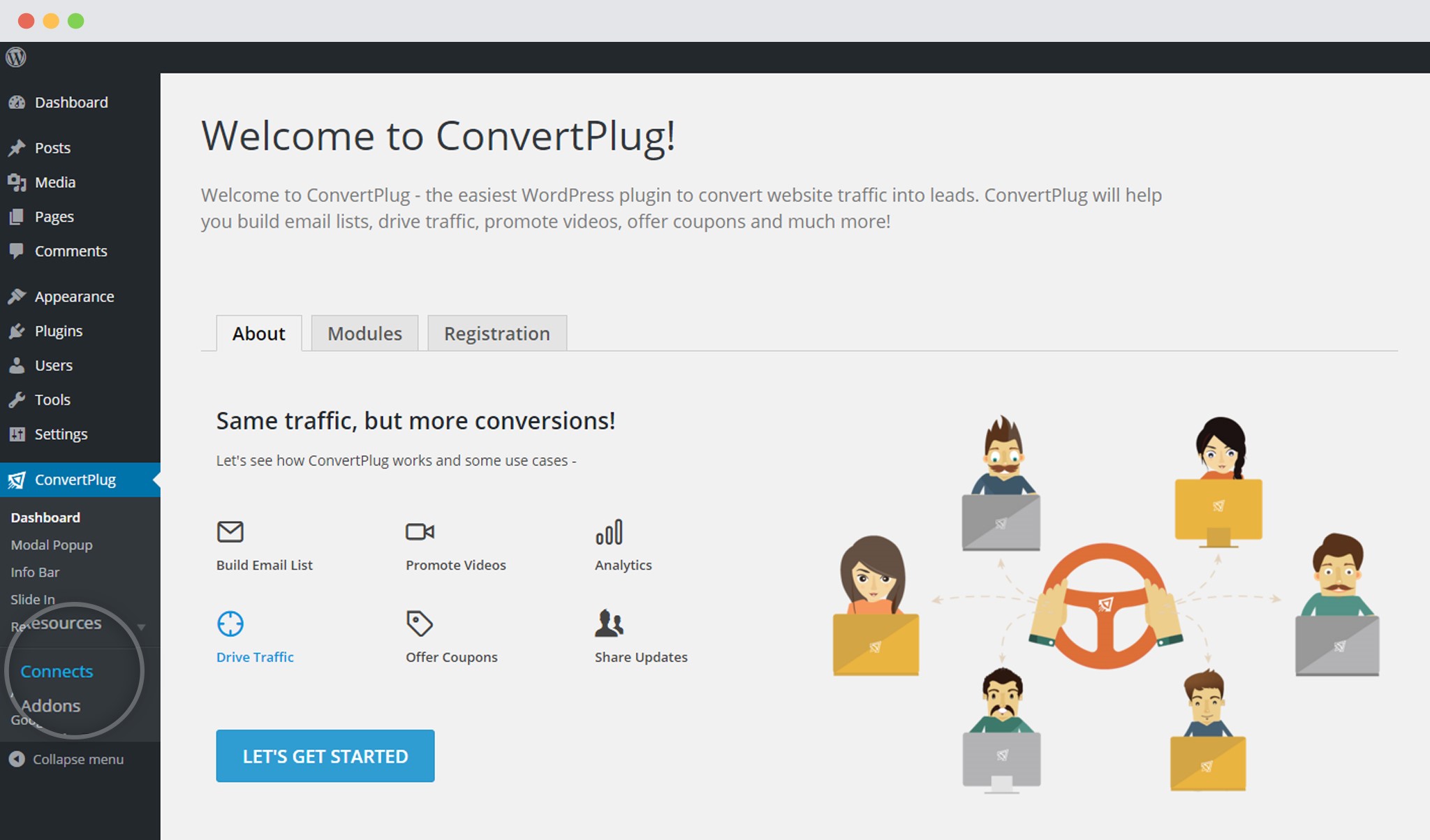 Connects page in ConvertPlug