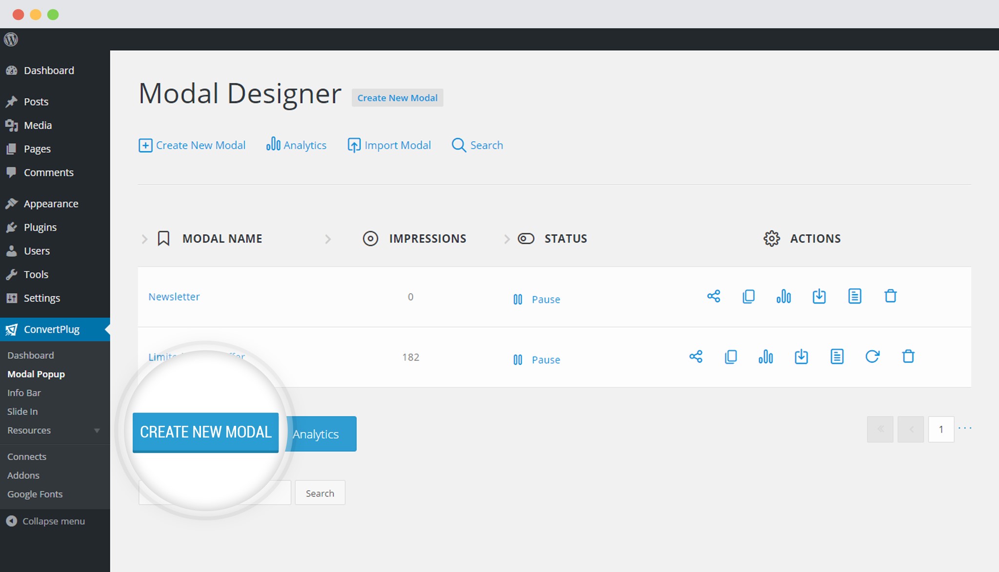 Create-New-Modal in ConvertPlug