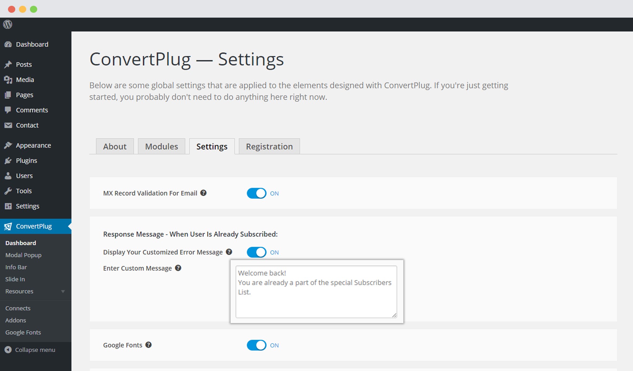 Display Customized message in ConvertPlug