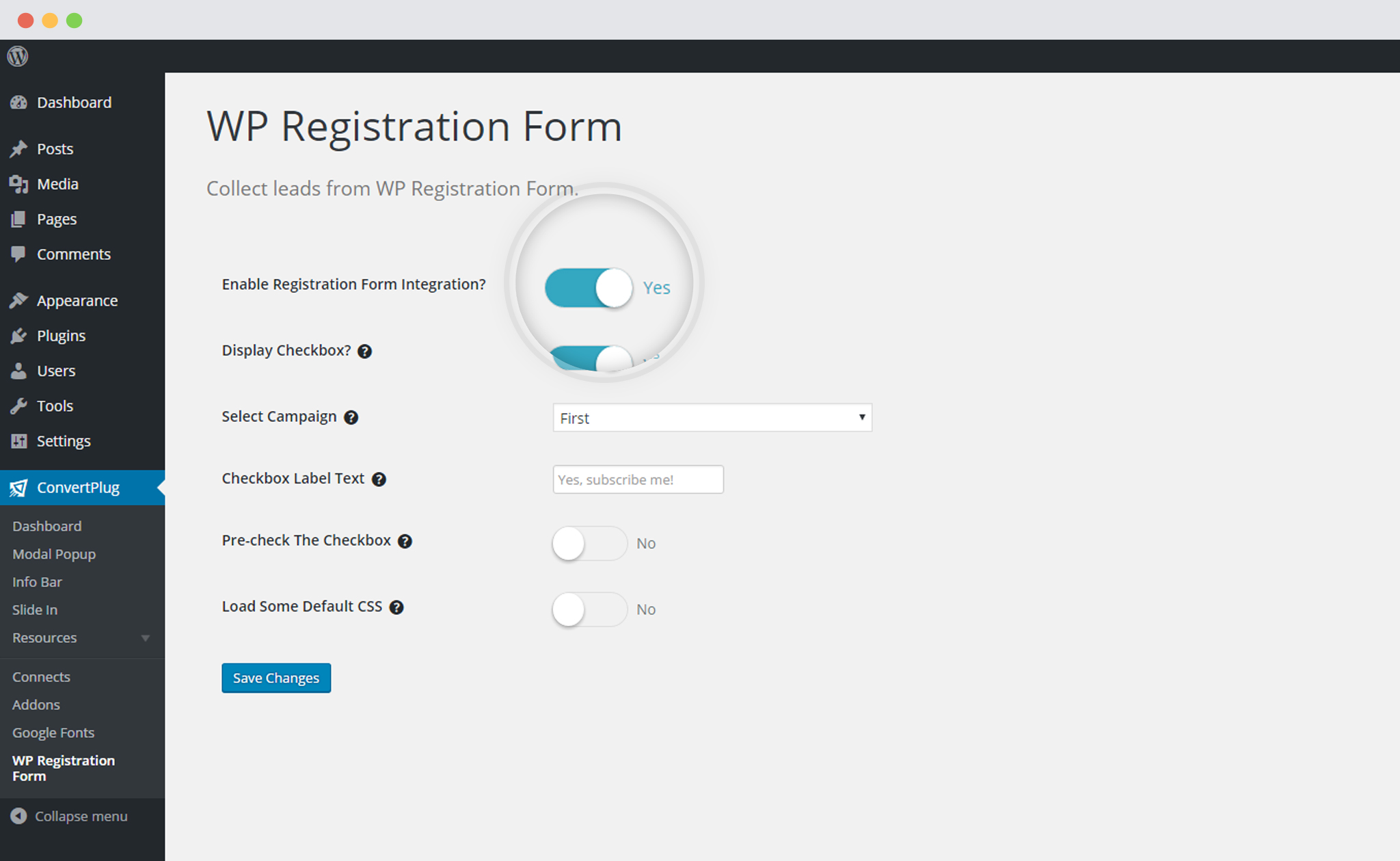 Enable WP Registration form integration with ConvertPlug