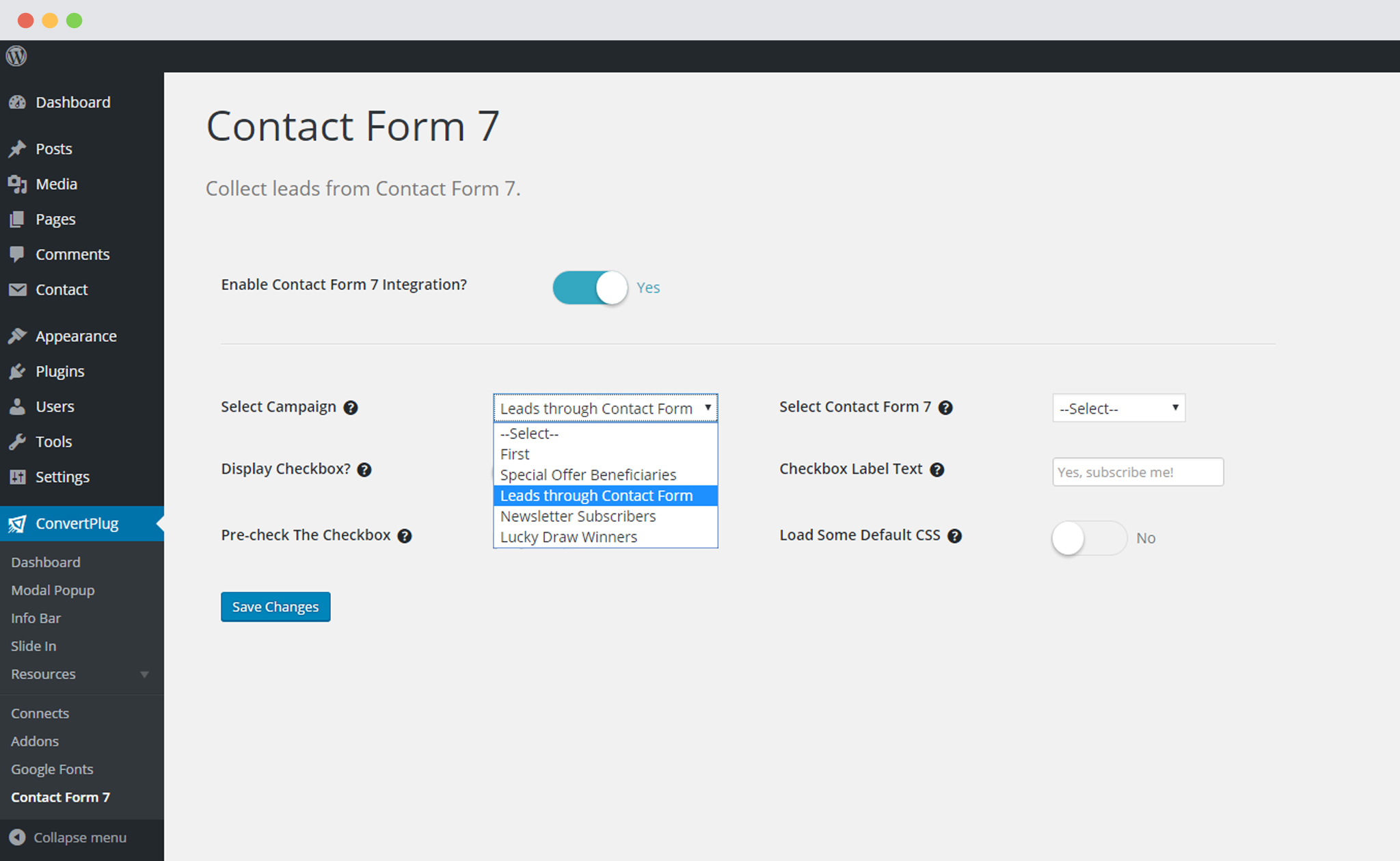 Select ConvertPlug Campaign to integrate with Contact Form 7