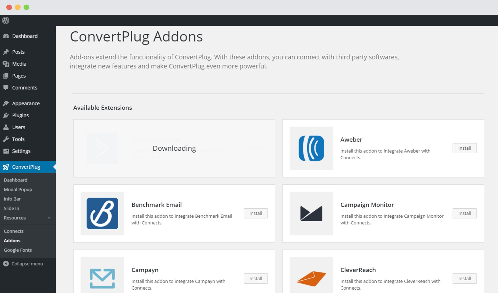 Addons extension. CONVERTPLUG. Меню Addons Google. Active email Monitor. Info popup.